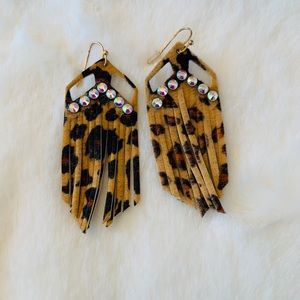 Leopard Fringe Dangle Earrings w/Crystal Accents